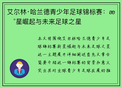 艾尔林·哈兰德青少年足球锦标赛：新星崛起与未来足球之星